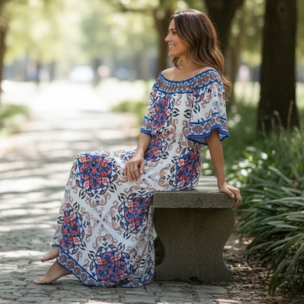 Flying Tomato Anthropologie Womens S Maxi Dress Cream Blue Medallion Boho Bliss